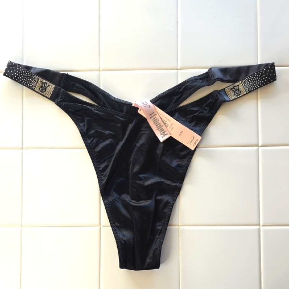 NWT Victoria's Secret Black Thong with Rhinestone BLING Size XL